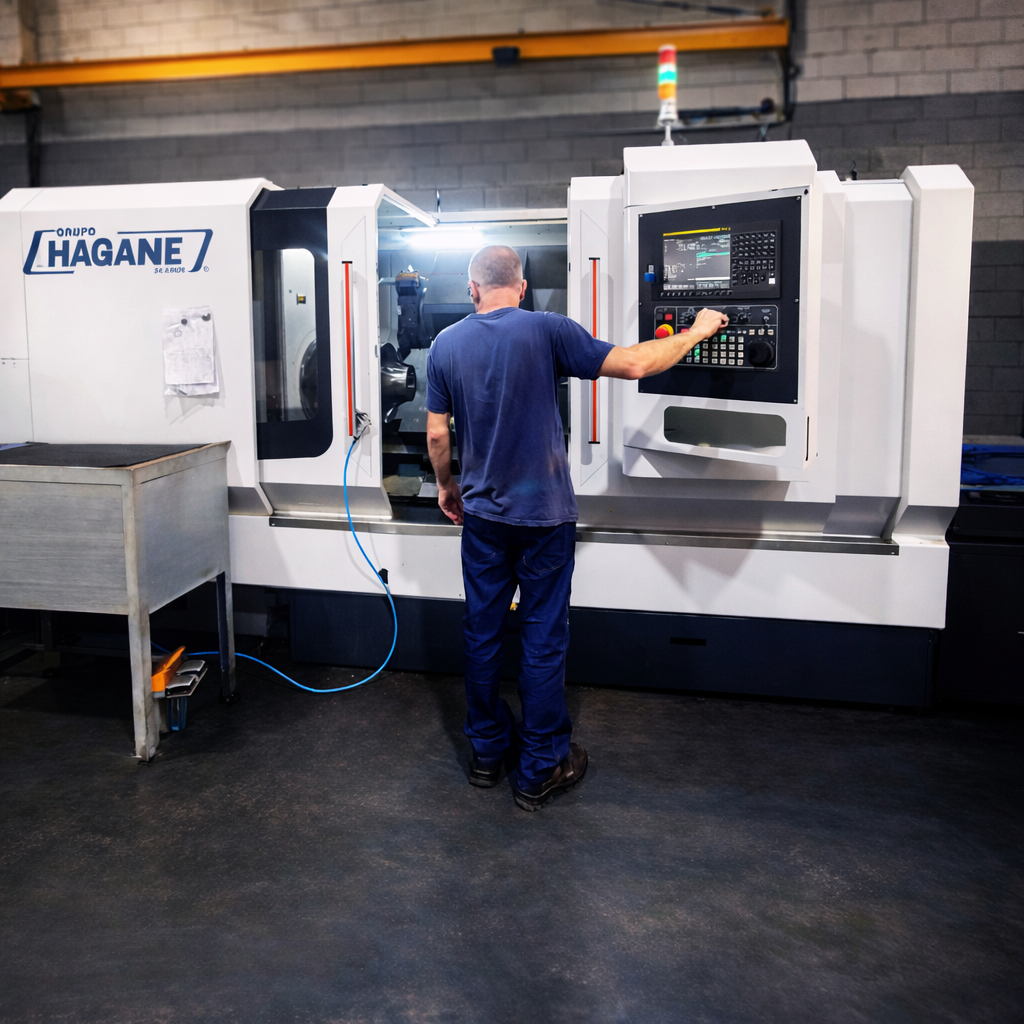 Um técnico industrial opera um torno mecânico de grande porte durante o serviço de recuperação de rolos de conformação. Faíscas saem do ponto de contato da ferramenta com o metal. O técnico veste uma camisa azul com o logotipo branco do Grupo Hagane nas costas.