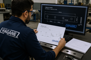 Engenheiro da Hagane analisando o desenho técnico de uma lâmina de corte sob medida em tela e no papel, com peça física ao lado.