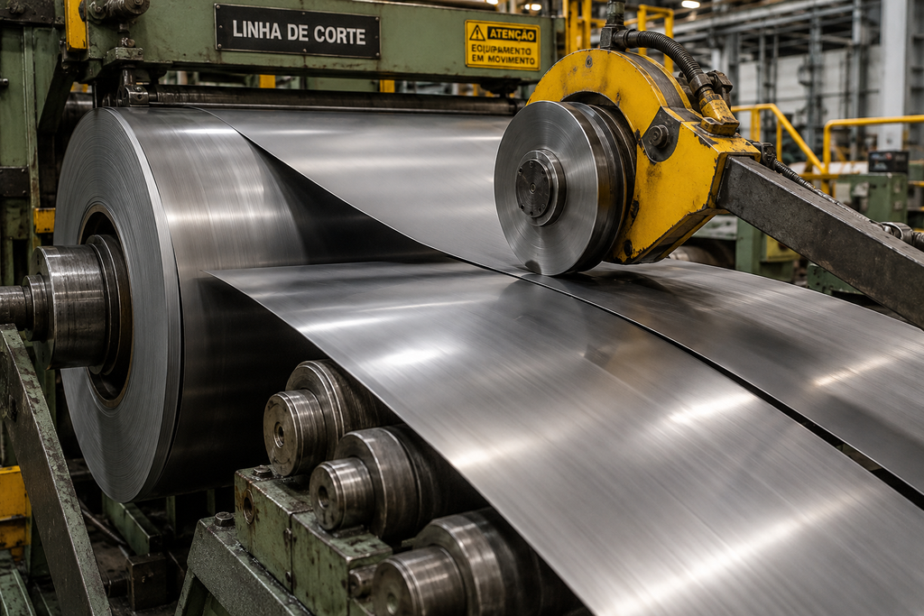 Facas siderúrgicas: A evolução dos materiais de corte e as inovações na siderurgia 2 Linha de corte de bobinas de aço em siderúrgica, com faca circular em operação separando a chapa em alta velocidade.