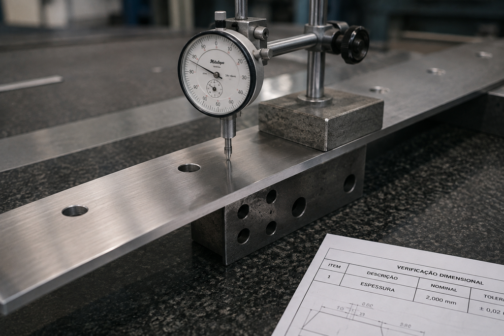 Instrumento de metrologia medindo a tolerância dimensional de uma lâmina industrial recém-retificada sobre bancada.